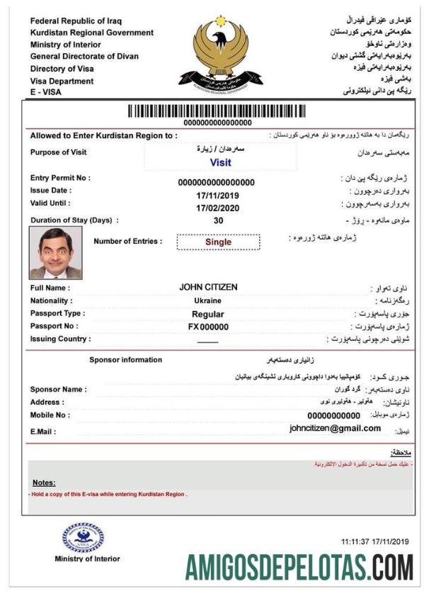 عراق e ویزا نمونہ
