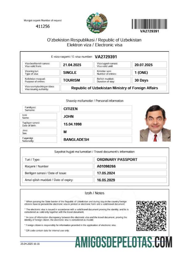 حقیقت پسندانہ ازبکستان electronic ویزا ٹیمپلیٹ in Word and PDF فارمیٹ, ورژن 2