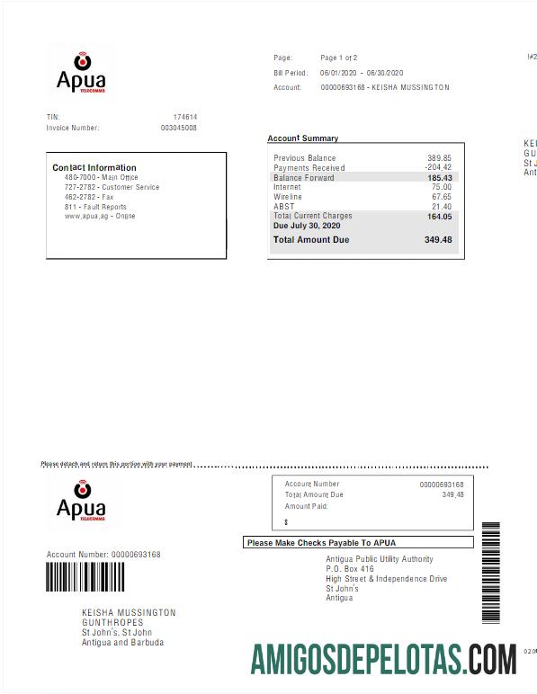 Realistis Antigua dan Barbuda APUA Tagihan Tagihan Word and PDF templat