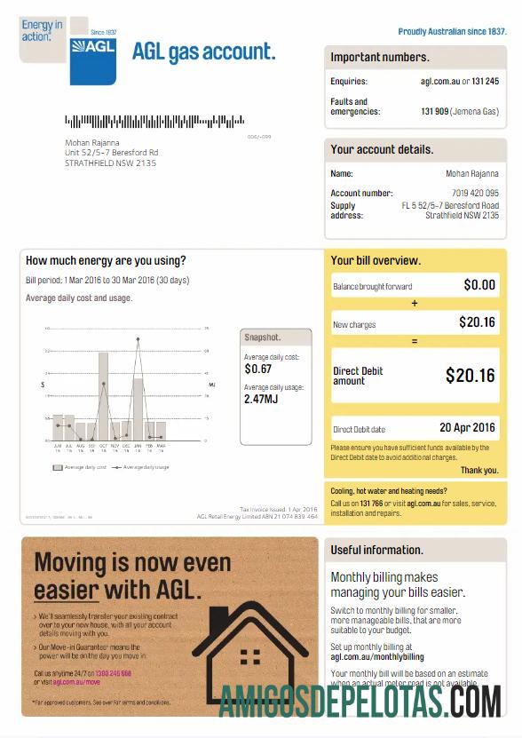 Realistis Australia AGL utiltiy Tagihan Word and PDF templat, versi 3