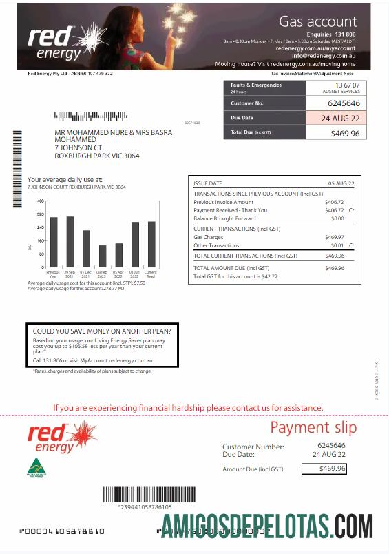 Berkualitas Australia RED ENERGY Tagihan Tagihan Word and PDF templat