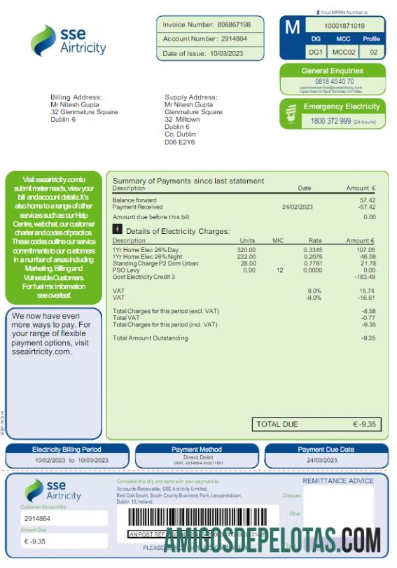 Realistis Australia SSE AIRTRICITY Tagihan Tagihan Word and PDF templat