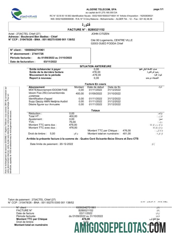 Dapat Diedit Aljazair Algerie Telecom Tagihan Tagihan Word and PDF templat