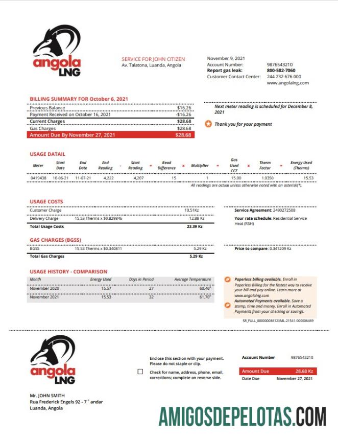 Dapat Diedit Angola LNG proof of address Tagihan Tagihan templat in Word and PDF format