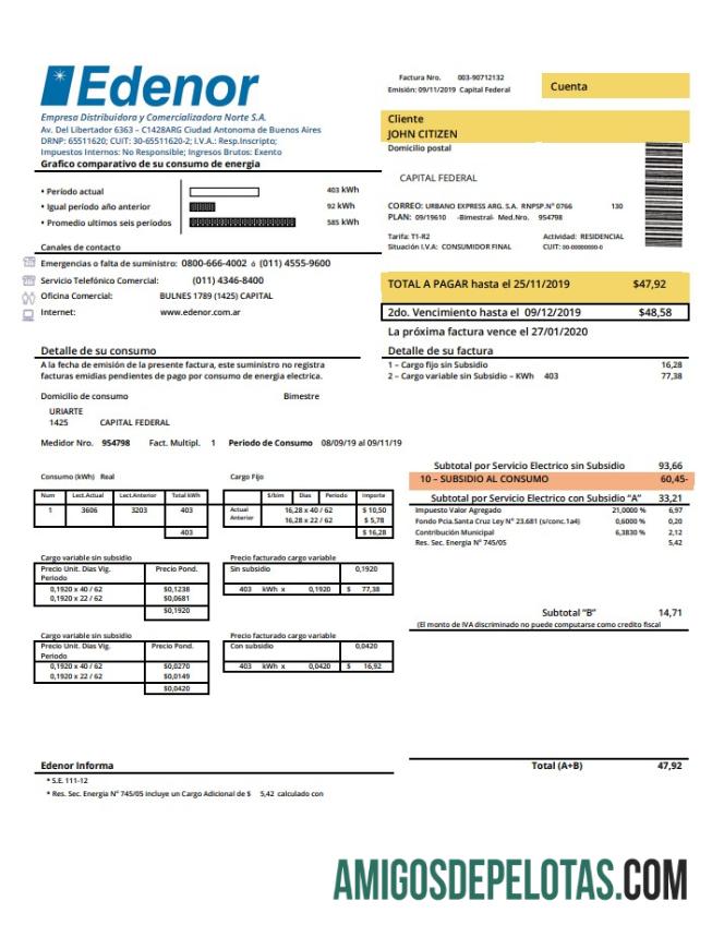 Dapat Diedit Argentina Edenor easy to fill Tagihan Tagihan templat in Word (.doc) and PDF (.PDF) format