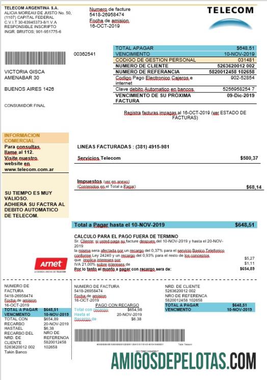 Argentina telecom Tagihan sampel