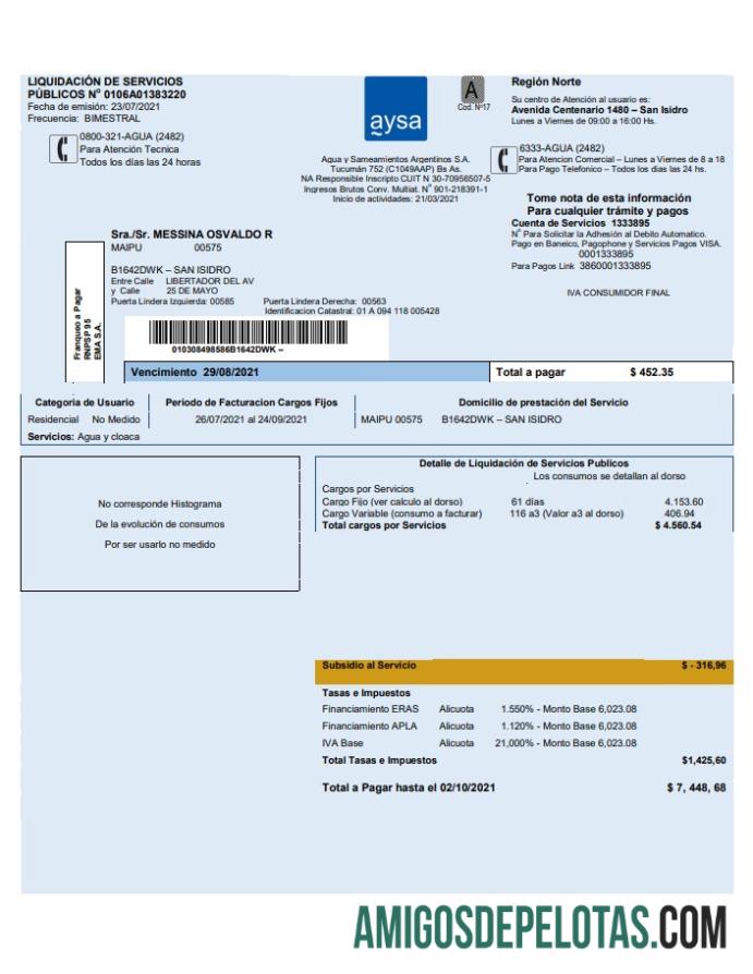 Dapat Diedit Argentina Air Tagihan Tagihan templat Aysa in Word and PDF format (.doc and .PDF)