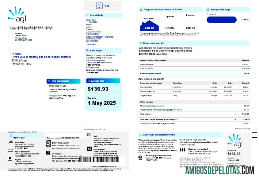 Berkualitas Australia AGL Gas Tagihan Tagihan templat in Word and PDF format, 3 pages, 1 2 Halaman
