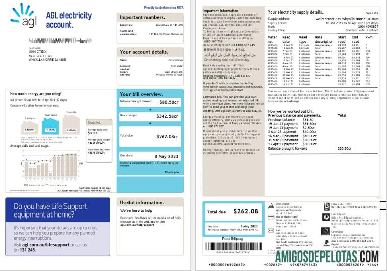Australia AGL Listrik rekening energy Tagihan Tagihan Word and PDF format (2) makering