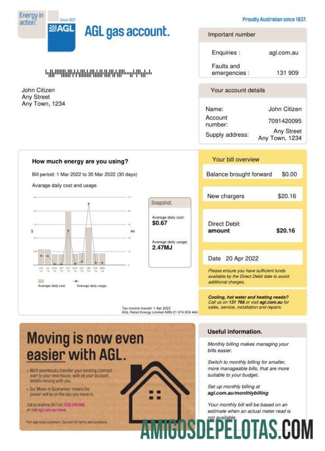 Realistis Australia AGL Gas Tagihan Tagihan Word and PDF templat, versi 2