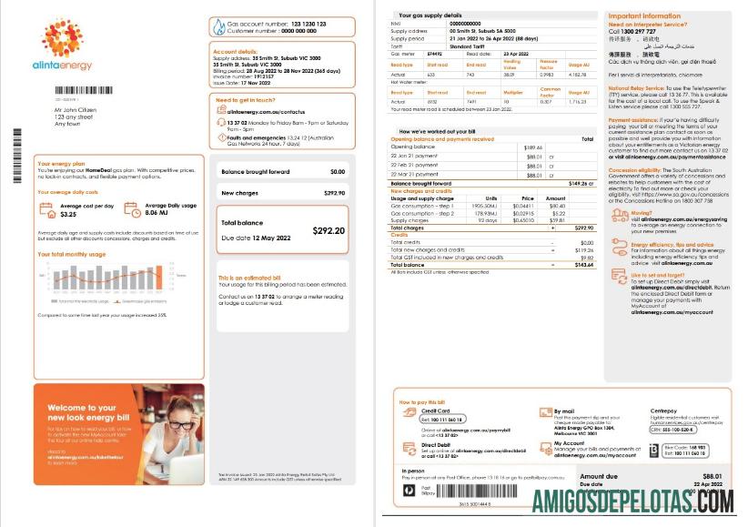 Premium Australia Alinta Energy Gas Tagihan Tagihan templat in Word and PDF format, 2 pages