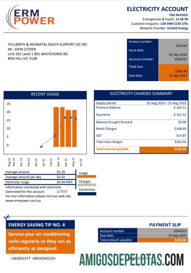 Australia ERM Power Listrik proof of address Tagihan Tagihan templat