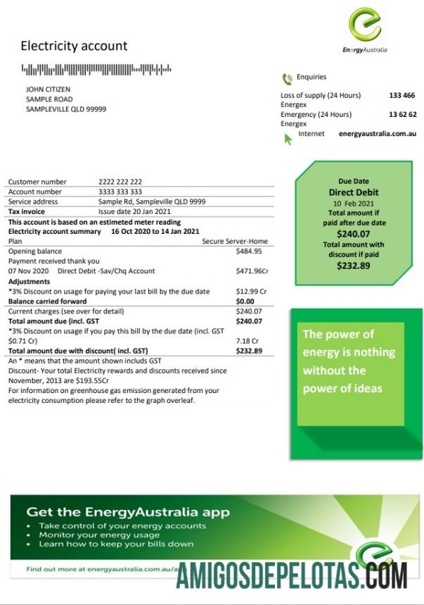 Australia Energy proof of address Tagihan sampel
