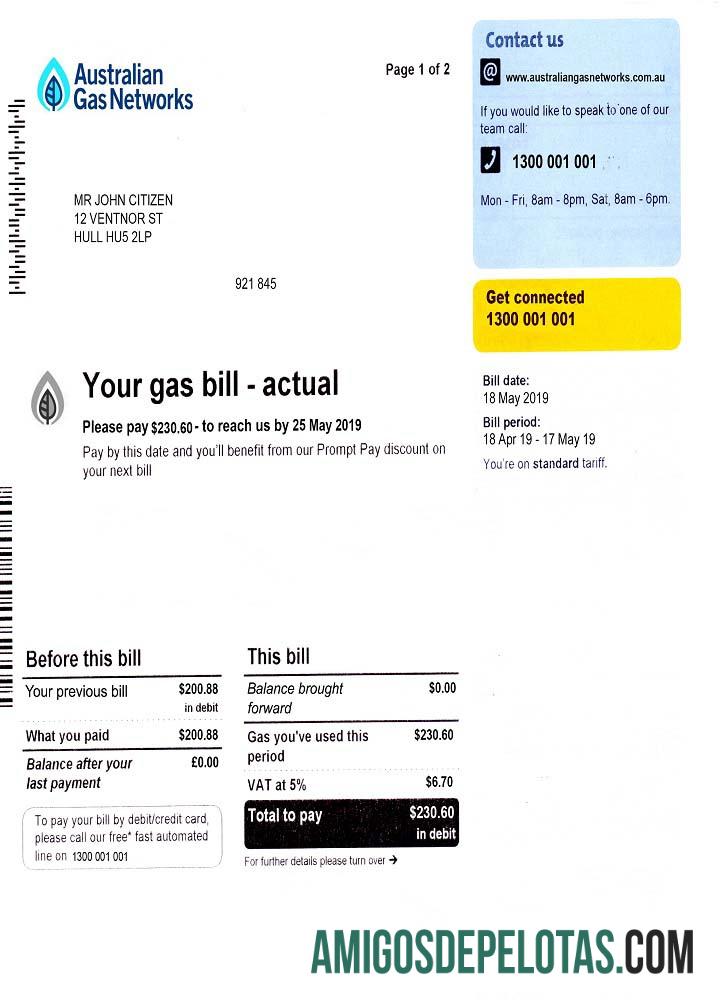 Australia Gas Tagihan Tagihan sampel