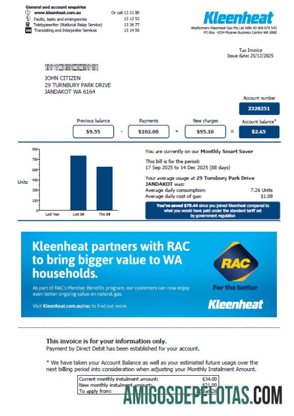Premium Australia Kleenheat Tagihan Tagihan templat in Word and PDF format