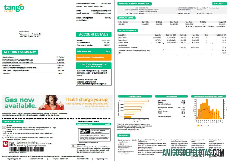 Profesional Australia Tango Energy Tagihan Tagihan templat in Word and PDF format, 2 pages
