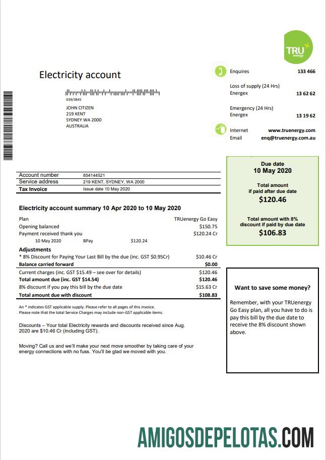 Profesional Australia Tru Energy Listrik Tagihan Tagihan templat in Word and PDF format