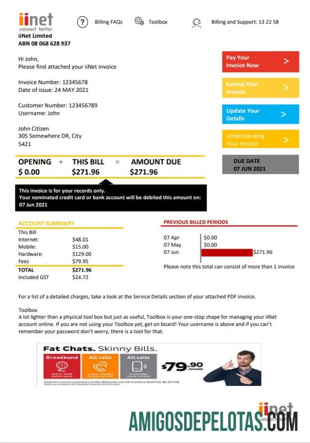 Australia iiNet Tagihan Tagihan sampel