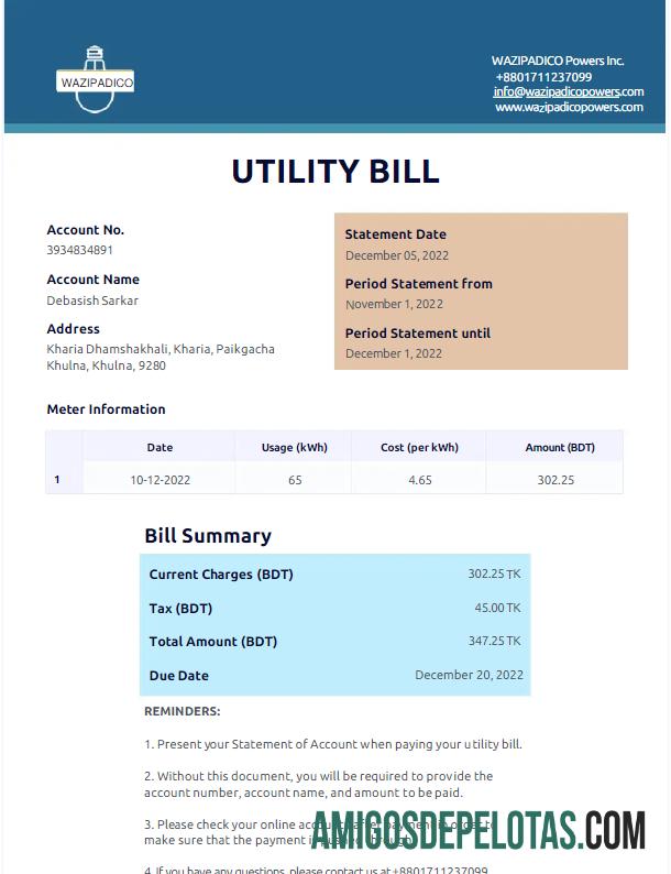 Dapat Diedit Bangladesh WAZIPADICO POWER Tagihan Tagihan Word and PDF templat
