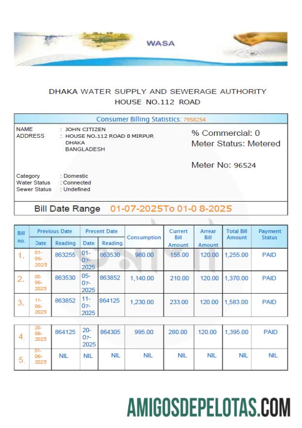 Berkualitas Bangladesh Dhaka Air Supply and Sewerage Authority Tagihan Tagihan templat in Word and PDF format