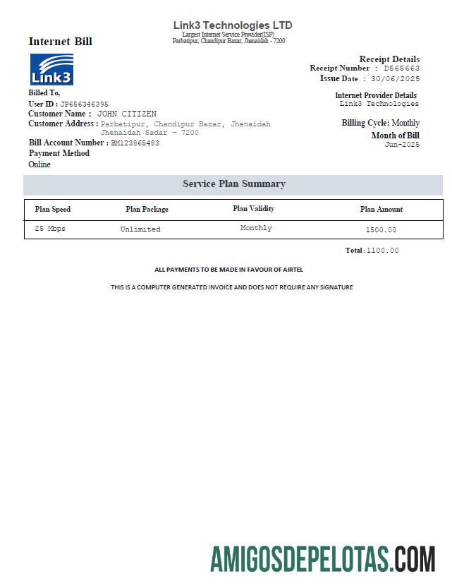Dapat Diedit Bangladesh Link3 Technologies LTD utlity Tagihan templat in Word and PDF format