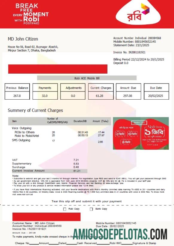 Realistis Bangladesh Robi Axiata Limited Tagihan Tagihan templat in Word and PDF format, versi 2