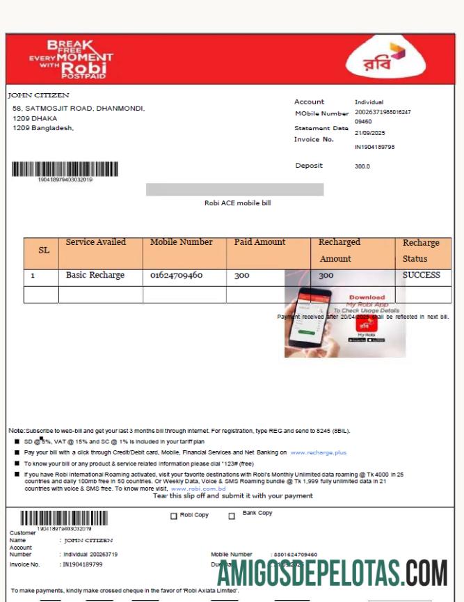 Profesional Bangladesh Robi Axiata Limited Tagihan Tagihan templat in Word and PDF format