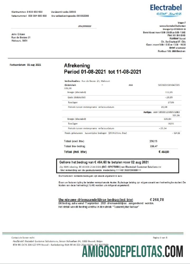 Berkualitas Belgia Electrabel Listrik Tagihan Tagihan templat, fully Dapat Diedit in Word and PDF format