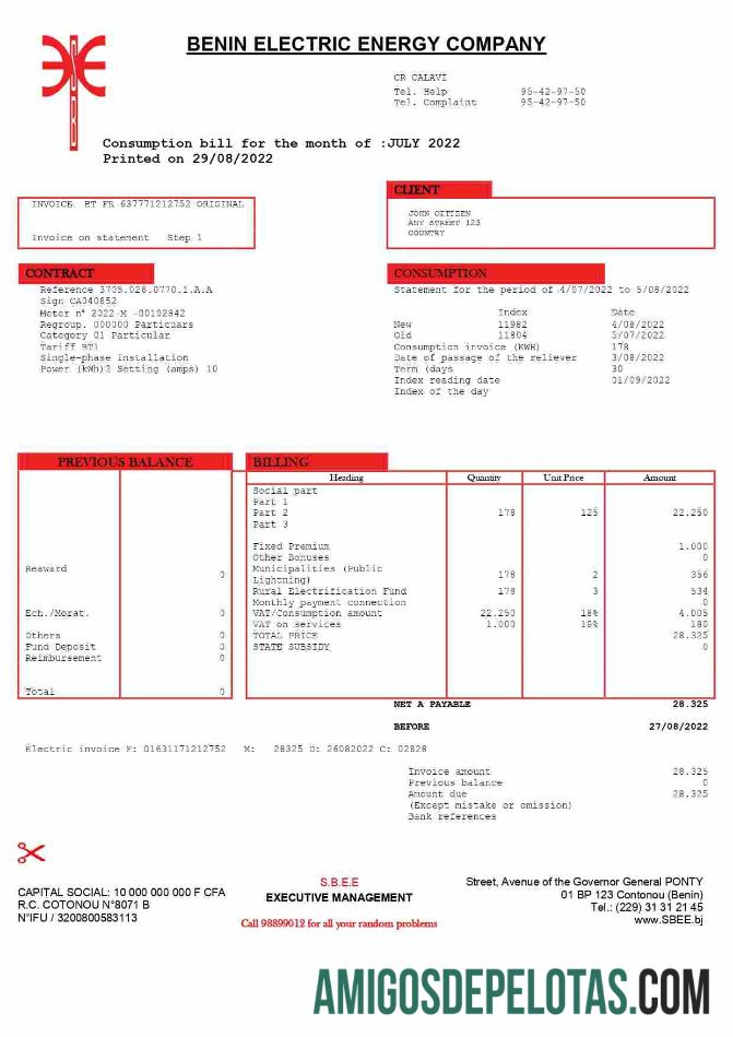Profesional Benin Electric Perusahaan Word and PDF Tagihan Tagihan templat