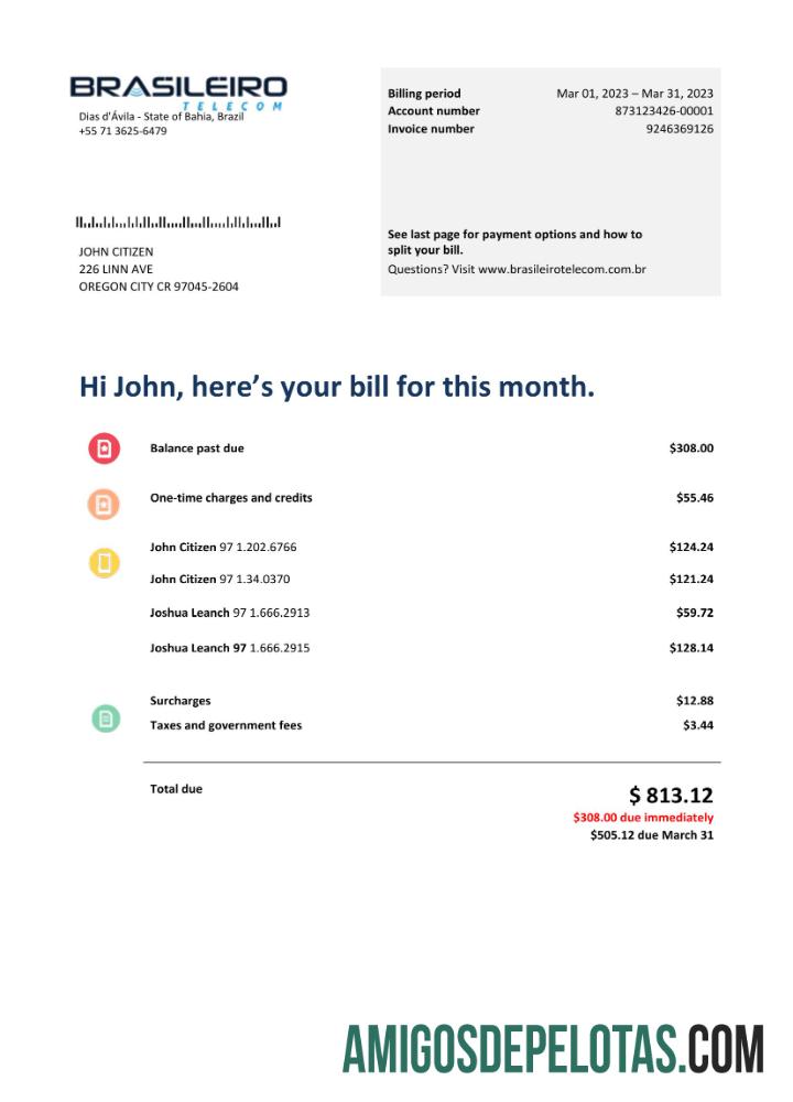 Premium Brasil Braziliero Telecom telecommunication Tagihan Word and PDF templat