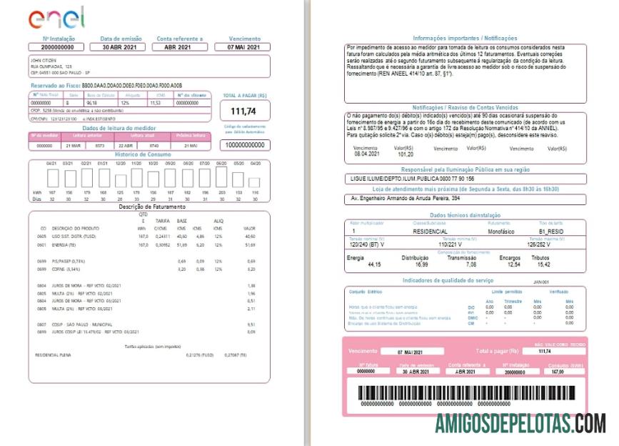 Brasil ENEL Listrik Tagihan Tagihan (2 pages) templat