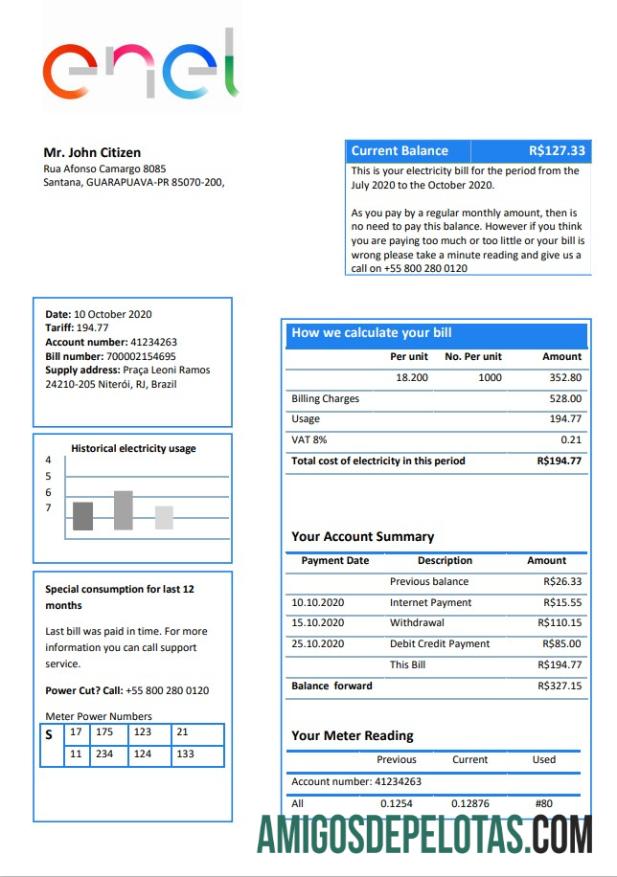 Berkualitas Brasil ENEL Listrik Tagihan Tagihan templat in Word and PDF format