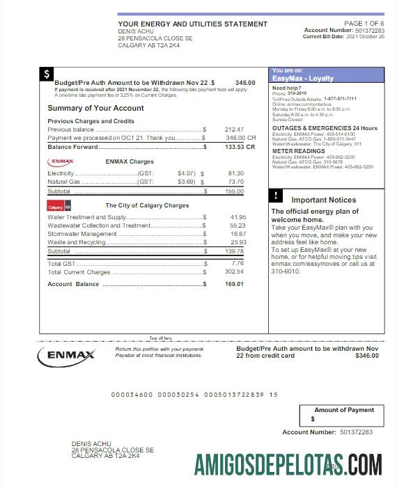 Premium Kanada ENMAX Tagihan Tagihan Word and PDF templat