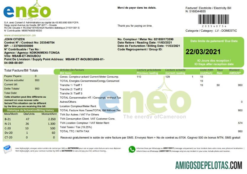 Realistis Kamerun ENEO Listrik Tagihan Tagihan templat in Word and PDF format (current versi)