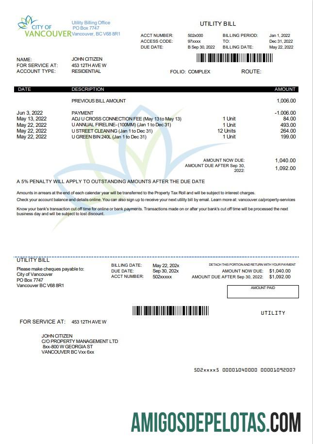 Dapat Diedit Kanada British Columbia City of Vancouver Tagihan Tagihan templat in Word and PDF format