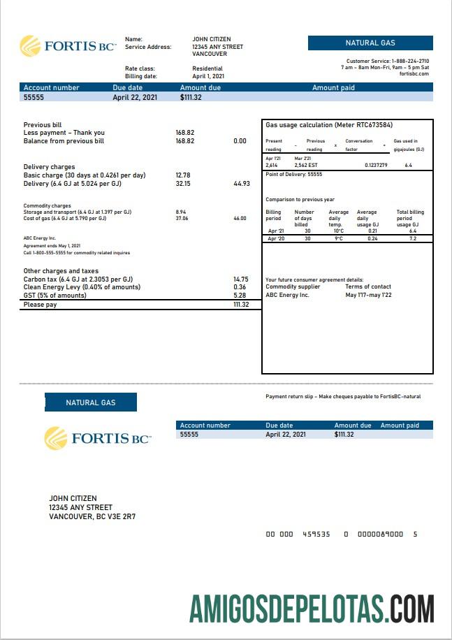 Dapat Diedit Kanada British Columbia FortisBC Tagihan Tagihan templat in Word and PDF format