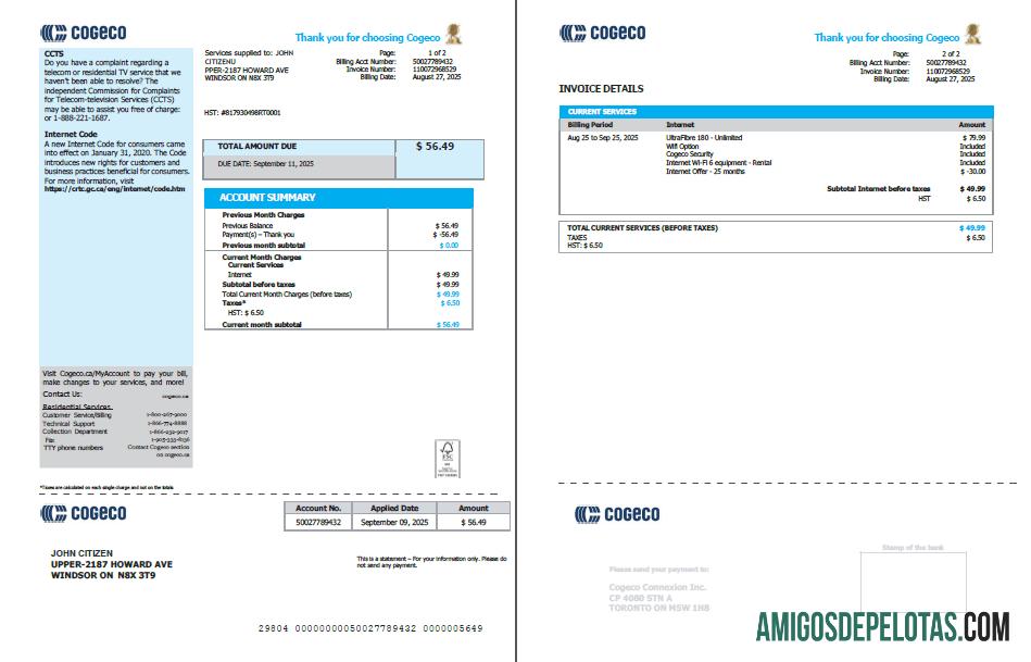 Profesional Kanada Cogeco Tagihan Tagihan templat in Word and PDF format, 2 pages