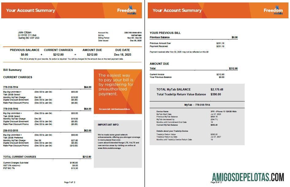 Dapat Diedit Kanada Freedom Mobile Tagihan Tagihan templat in Word and PDF format, 2 pages