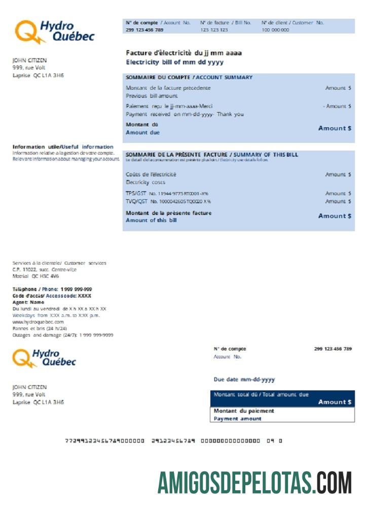 Profesional Kanada Hydro Que╠übec Tagihan Tagihan templat in .doc and .PDF format