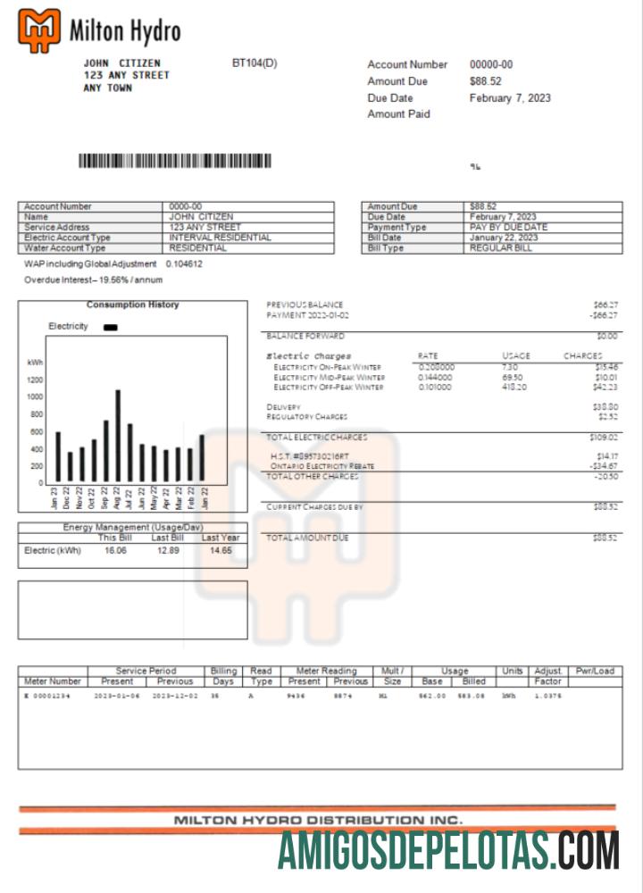 Profesional Kanada Milton Hydro Listrik Tagihan Word and PDF templat