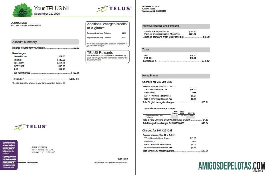 Realistis Kanada Telus Tagihan Tagihan templat in Word and PDF format, 2 pages, versi 3