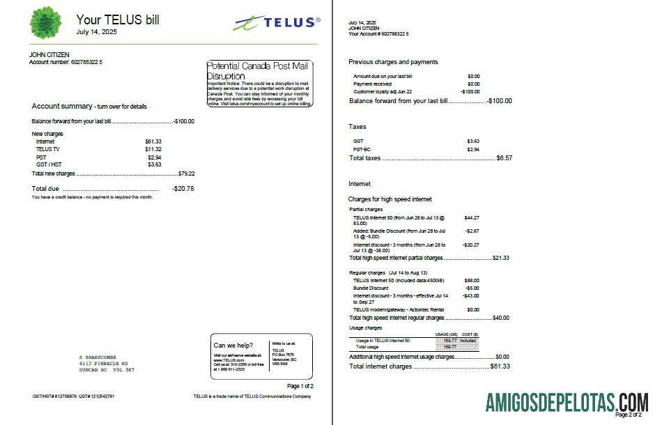 Berkualitas Kanada Telus Tagihan Tagihan templat in Word and PDF format, 2 pages