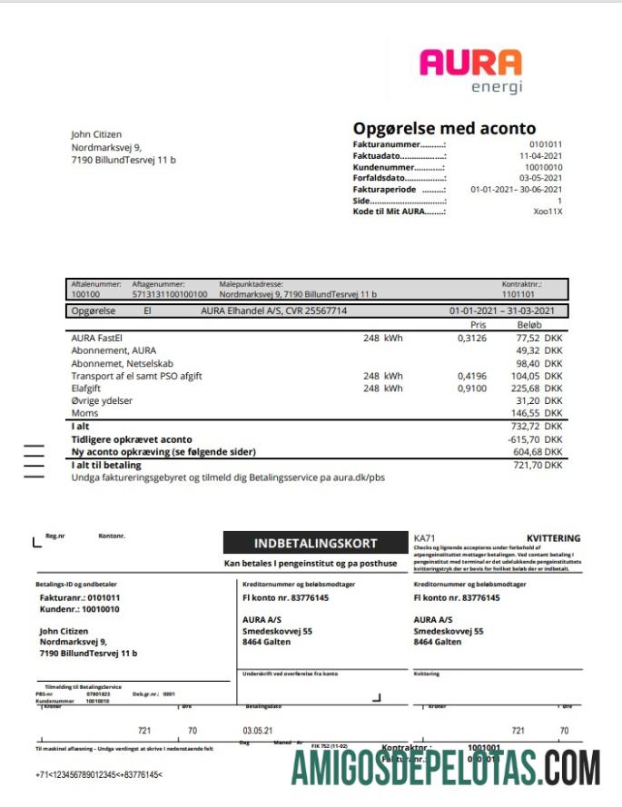 Realistis Denmark AURA Energi Tagihan Tagihan templat in Word and PDF format