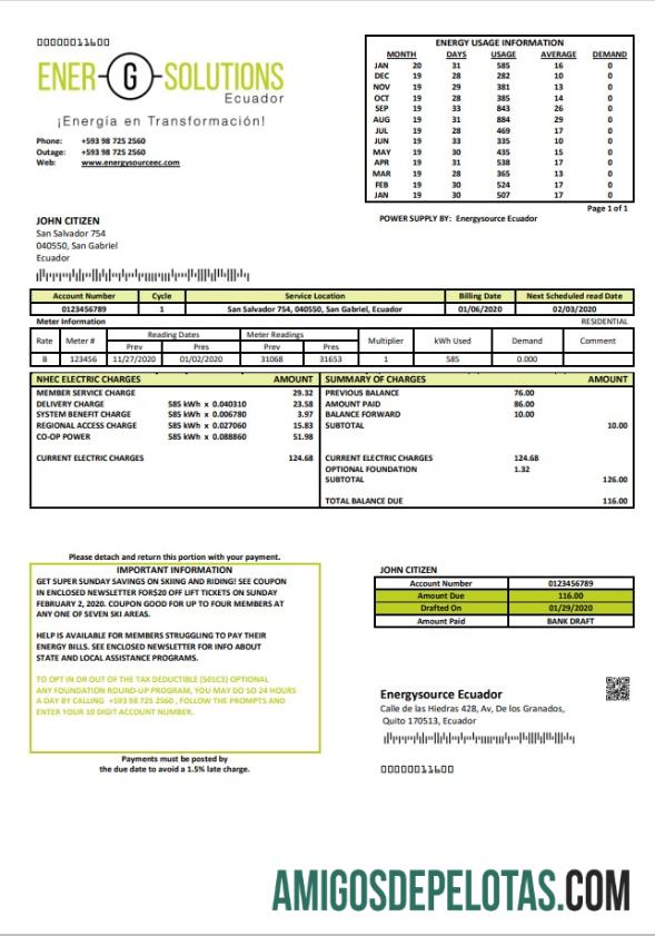 Realistis Ekuador Energysource Ekuador energy Tagihan Tagihan templat in Word and PDF format