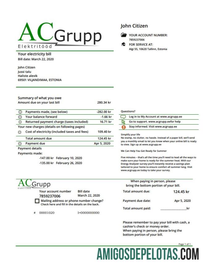 Dapat Diedit Estonia AC Grupp OU╠ê Listrik Tagihan Tagihan templat in Word and PDF format