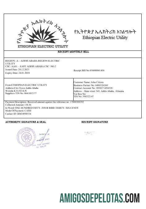 Ethiopian electric Tagihan Tagihan in wordand PDF format templat