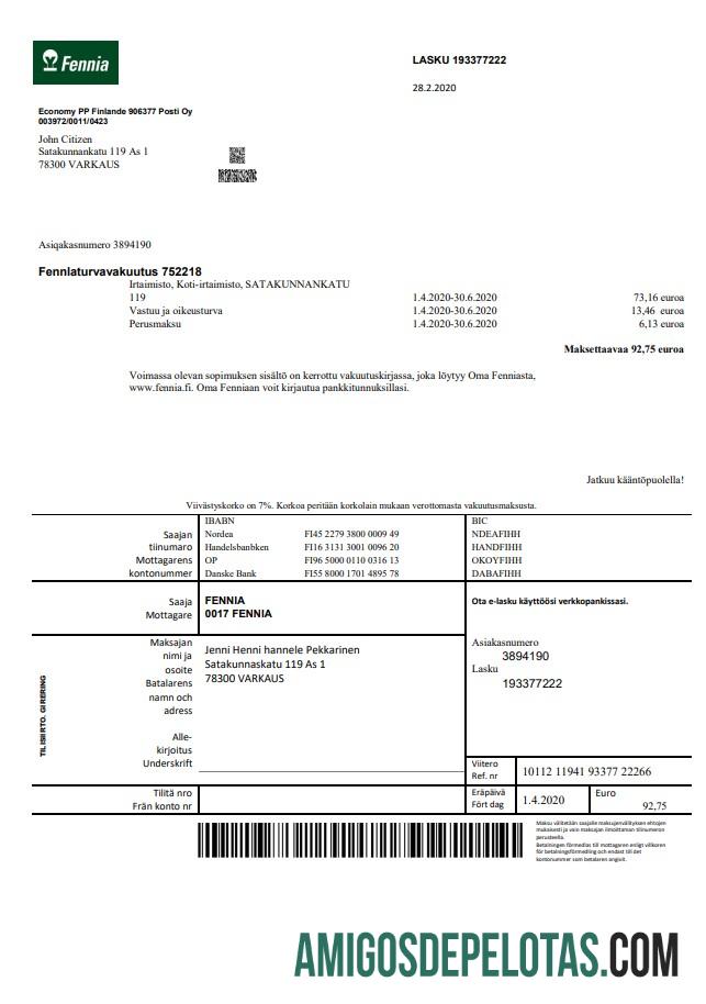 Berkualitas Finlandia Fennia asuransi Perusahaan Tagihan templat in Word and PDF format