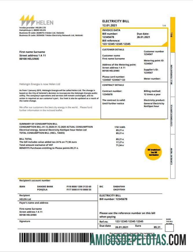 Realistis Finlandia HELEN Tagihan Tagihan templat in Word and PDF format