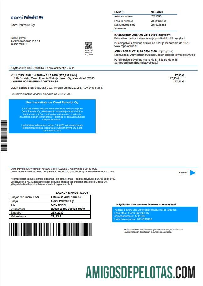 Profesional Finlandia Oomi Palvelut Oy Listrik Tagihan Tagihan templat in Word and PDF format
