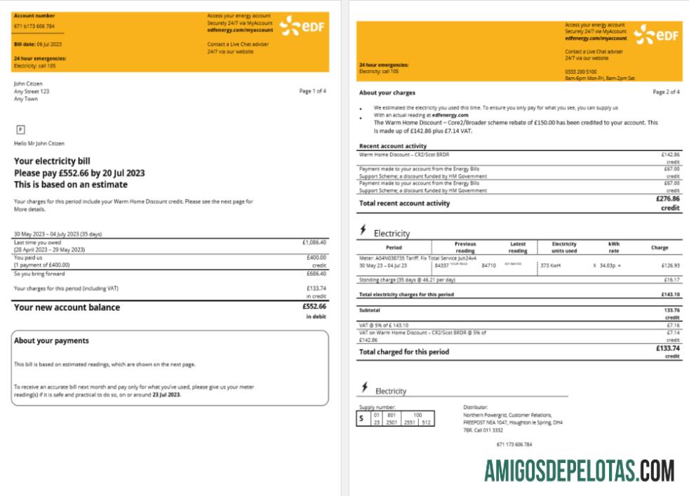 Profesional Prancis EDF Energy Tagihan Tagihan Word and PDF templat, 4 pages 1 2